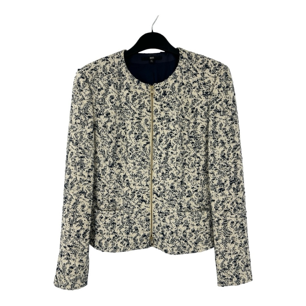 BOSS Raise Knit Full Zip Size 4 Color Navy Blue & Beige Blazer.